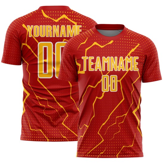 Jersey Sublimation Soccer Lightning Gold-White Sports Red Custom Uniform Jersey Sublimation Soccer Lightning Gold-White Sports Red Custom Uniform